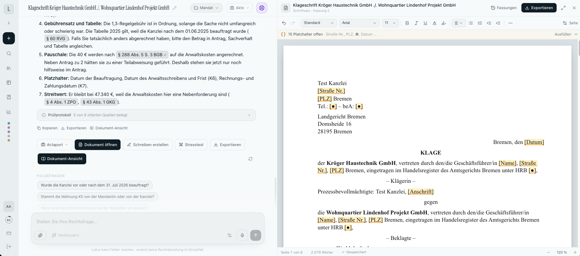 Lulius-Chat mit geöffnetem Editor: links die Antwort, rechts eine Klageschrift mit gelb markierten Platzhaltern
